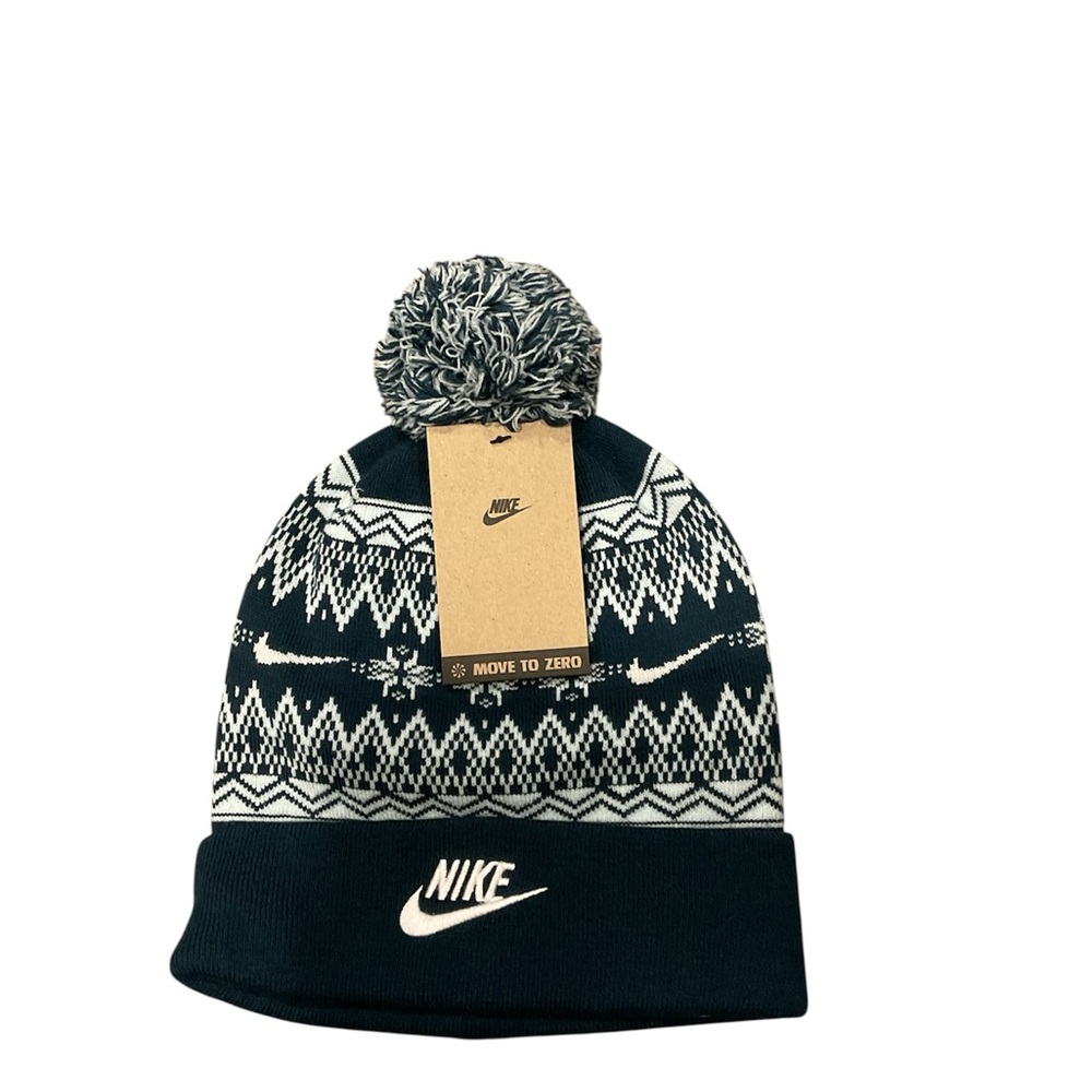 Nike Kids Move To Zero Fair Isle Beanie Pom Knit Hat Navy White CW5871-451